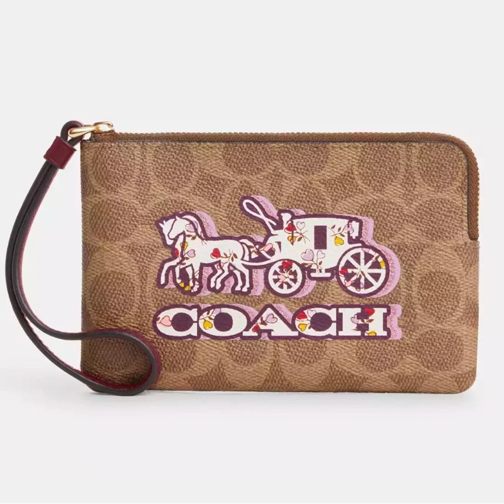 NWT COACH Corner Zip‎ Wristlet In Signature Canvas With Horse And Carriage Print